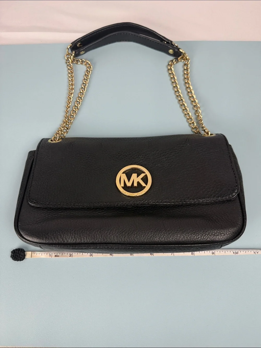 Michael Kors Black Leather Shoulder Bag with Gold MK Emblem